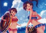  2girls :d ;d ass ball barefoot beachball bikini bikini_skirt blue_bikini blue_scrunchie bracelet breasts brown_hair butt_crack cleavage clouds cloudy_sky collarbone day doughnut food food_themed_ornament futami_ami futami_mami groin hair_ornament hair_scrunchie highres holding idolmaster ima_(lm_ew) innertube jewelry lens_flare long_hair looking_at_viewer midriff multiple_girls navel ocean one_eye_closed one_leg_raised one_side_up open_mouth outdoors scrunchie short_hair side_ponytail sky small_breasts smile sprinkles standing stomach sun swimsuit 