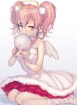  1girl angel_wings bare_shoulders blush breasts collarbone earrings eyelashes feathered_wings fur_trim hair_bobbles hair_ornament halo heart heart_earrings idolmaster idolmaster_cinderella_girls jewelry jougasaki_mika looking_at_viewer nail_polish pink_hair smile solo stuffed_animal stuffed_toy ta_m0ure teddy_bear twintails two_side_up white_wings wings yellow_eyes 