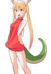 1girl :d aran_sweater backless_outfit blonde_hair blush breasts dragon_girl dragon_tail el_dockie fang horns kobayashi-san_chi_no_maidragon long_hair looking_at_viewer maid_headdress naked_sweater no_bra no_underwear open_mouth red_eyes red_sweater ribbed_sweater sideboob slit_pupils smile solo sweater tail tooru_(maidragon) turtleneck turtleneck_sweater twintails v_arms virgin_killer_sweater white_background