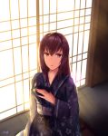  chyt fate/grand_order fate_(series) japanese_clothes kimono long_hair purple_hair red_eyes scathach_(fate/grand_order) sitting solo 
