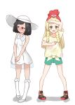  2girls alternate_costume blush cosplay costume_switch embarrassed female_protagonist_(pokemon_sm) female_protagonist_(pokemon_sm)_(cosplay) full_body half-closed_eyes lillie_(pokemon) lillie_(pokemon)_(cosplay) looking_at_viewer looking_away multiple_girls pokemon pokemon_(game) pokemon_sm pose simple_background white_background z-move 