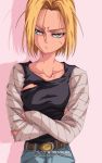  1girl android_18 belt blonde_hair blue_eyes breasts closed_mouth collarbone crossed_arms denim dragon_ball dragon_ball_z dragonball_z frown half-closed_eyes lips long_sleeves looking_away pants pout shadow shirt short_hair simple_background solo torn_clothes upper_body watermark white_background 