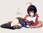  1girl armor bandaged_leg black_hair book candle detached_sleeves koutetsujou_no_kabaneri lying mumei_(kabaneri) on_side panties pantyshot pantyshot_(lying) reading red_eyes sash short_hair shoulder_armor skirt smile solo typo_(requiemdusk) underwear 