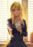  1girl backlighting bangs blinds blonde_hair bracelet breasts closed_mouth collarbone commentary_request formal guchico gundam gundam_tekketsu_no_orphans hand_on_own_chest indoors jewelry kudelia_aina_bernstein large_breasts long_hair looking_at_viewer outstretched_arm smile solo suit upper_body very_long_hair violet_eyes window 