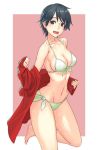  1girl :d alternate_costume bare_arms bare_legs bare_shoulders barefoot bent_knees bikini blush border breasts brown_eyes cleavage collarbone commentary_request eyebrows_visible_through_hair front-tie_bikini front-tie_top green_bikini green_hair green_ribbon jacket kantai_collection leg_up long_sleeves looking_at_viewer medium_breasts mogami_(kantai_collection) navel open_clothes open_jacket open_mouth red_jacket ribbon shiny shiny_hair side-tie_bikini sleeves_past_wrists smile solo standing standing_on_one_leg stomach swimsuit track_jacket white_border yuuji_(and) 