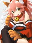  1girl animal_ears bell bell_collar black_legwear breasts cleavage collar fang fate/grand_order fate_(series) fox_ears fox_tail hair_ribbon large_breasts long_hair looking_at_viewer mo253 open_mouth paws pink_hair ribbon solo tail tamamo_(fate)_(all) tamamo_cat_(fate) thigh-highs yellow_eyes 