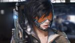  1girl black_hair bruce_zhang goggles gun highres holding holding_gun holding_weapon lips looking_at_viewer nose orange_goggles overwatch parted_lips realistic short_hair solo tracer_(overwatch) weapon 