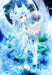  1girl :d aqua_hair bird blue blue_eyes blue_hair blue_rose bridal_gauntlets dress earth feathered_wings floating_object flower gem hair_flower hair_ornament lily_(flower) long_hair nature open_mouth original pearl rose silhouette smile solo tottome tree very_long_hair white_dress white_wings wide_sleeves wings wisteria 