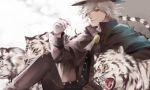  1boy black_gloves capelet cigarette edmond_dantes_(fate/grand_order) fate/grand_order fate_(series) gloves hair_over_one_eye hat highres holding holding_cigarette ichinosenen long_sleeves looking_at_viewer parted_lips silver_hair sitting smile smoke solo tiger white_tiger yellow_eyes 