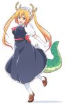 1girl bangs breasts dragon_tail elbow_gloves eyebrows_visible_through_hair fang full_body gloves hair_between_eyes highres horns kobayashi-san_chi_no_maidragon large_breasts long_hair looking_at_viewer maid maid_headdress mel_(melty_pot) open_mouth orange_hair red_eyes short_sleeves simple_background smile solo standing standing_on_one_leg tail tareme tooru_(maidragon) twintails white_background white_gloves 