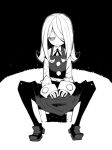  1girl dowman_sayman greyscale hair_over_one_eye half-closed_eye little_witch_academia long_hair looking_down monochrome pantyhose sitting sleeves_past_wrists solo sucy_manbabalan sucy_manbavaran 