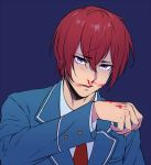  1boy blood bloody_hand blue_background bruise ensemble_stars! hair_between_eyes hiwakana6121 injury male_focus necktie nosebleed parted_lips red_necktie redhead school_uniform shaded_face simple_background solo suou_tsukasa upper_body violet_eyes 