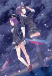  2girls boots checkered checkered_necktie eyepatch glaive gloves hand_on_own_chin hand_on_own_head headgear kantai_collection looking_at_viewer mechanical_halo multiple_girls necktie partly_fingerless_gloves pelearme purple_hair short_hair standing standing_on_liquid sword tatsuta_(kantai_collection) tenryuu_(kantai_collection) thigh-highs violet_eyes weapon yasuto_(eria151) yellow_eyes zettai_ryouiki 