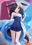  1girl :o agaki_anko alternate_hairstyle animal_ears bangs bare_shoulders beach_umbrella black_hair blue_swimsuit blurry blush collarbone covered_navel ears_down feet_out_of_frame flower frilled_swimsuit frills hair_flower hair_ornament hair_over_one_eye halter_top halterneck hand_up hibiscus highres holding holding_innertube horse_ears horse_girl horse_tail innertube long_hair looking_at_viewer low_twintails one-piece_swimsuit one_eye_covered open_mouth outdoors parted_bangs red_flower rice_shower_(umamusume) sidelocks solo standing swept_bangs swimsuit tail twintails umamusume umbrella violet_eyes wet 
