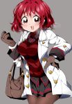  1girl bag breasts buttons bwell clenched_hand coat hand_on_hip handbag highres horikawa_raiko looking_at_viewer pale_skin red_eyes red_sweater redhead simple_background smile solo standing touhou winter_clothes 