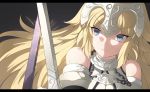  &gt;:( 1girl armor bangs bare_shoulders battle blonde_hair blue_eyes chains closed_mouth detached_sleeves fate/grand_order fate_(series) headpiece k_jin letterboxed long_hair ruler_(fate/apocrypha) sidelocks solo sweat sword upper_body weapon 