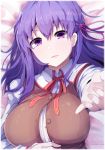  1girl bed_sheet blurry breasts fate/stay_night fate_(series) hair_ribbon highres large_breasts looking_at_viewer looking_up lying matou_sakura on_back on_bed outstretched_arm parted_lips partially_unbuttoned purple_hair ribbon school_uniform solo unbuttoned unbuttoned_shirt violet_eyes wadakazu 