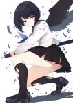  1girl black_hair black_legwear black_shoes black_wings blouse caidychen closed_mouth feathers from_side full_body highres holding holding_sword holding_weapon kneehighs loafers miniskirt original school_uniform serafuku shirt shoes silhouette skirt solo squatting sword torn_clothes torn_kneehighs torn_shirt torn_skirt violet_eyes weapon white_background white_shirt wings 
