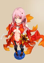  1girl bare_shoulders black_legwear breasts center_opening cleavage detached_sleeves elbow_gloves fingerless_gloves gloves guilty_crown hair_ornament hairclip highres long_hair looking_at_viewer navel noir_(4chan) pink_hair red_eyes solo twintails yuzuriha_inori 