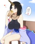  1girl bare_legs bare_shoulders bench black_hair blue_sky blush bread breasts clouds commentary_request day dragon_girl dragon_tail eating elma_(maidragon) food grey_eyes heart highres holding holding_food horn japanese_clothes kimono kobayashi-san_chi_no_maidragon large_breasts long_sleeves looking_afar mattari_yufi obi off_shoulder open_clothes open_kimono park_bench sash scarf shiny shiny_skin short_hair sitting sky solo spoken_heart tail thought_bubble translated violet_eyes wide_sleeves 