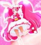  1girl animal_ears boots cure_whip extra_ears gloves haruyama_kazunori henshin kirakira_precure_a_la_mode long_hair looking_at_viewer magical_girl petticoat pink_background pink_boots pink_eyes pink_hair precure rabbit_ears skirt smile solo standing standing_on_one_leg twintails usami_ichika v very_long_hair white_gloves 