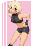  1girl :d bare_shoulders blonde_hair breasts brown_eyes character_request commentary_request copyright_request eyelashes happy iromayutaka leaning_forward looking_at_viewer midriff navel open_mouth pink_background short_hair smile solo standing 
