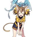  1girl animal_ears brown_hair cat_ears cat_tail closed_eyes dragon_on_head hair_between_eyes hair_ribbon leaning_forward long_hair open_mouth pina_(sao) ribbon short_twintails silica_(sao-alo) smile solo standing sword_art_online tail transparent_background twintails water yellow_ribbon 