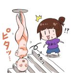  !? &gt;:3 1girl :3 armless artist_name artist_self-insert bald bangs blunt_bangs brown_hair hair_bun highres long_hair mannequin noai_nioshi nude resident_evil resident_evil_7 shirt shorts sidelocks spinning stairs sweat t-shirt |_| 