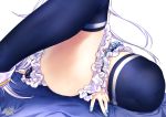  1girl 2017 aqua_nails arm_at_side artist_name between_legs close-up copyright_request dated debi_(akuma) fingernails frills hand_between_legs highres hiiragi_shirowa knee_up long_hair lower_body nail_polish navy_blue_legwear original signature simple_background sitting solo thigh-highs thighs white_background 