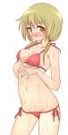  &gt;:( 1girl bangs bikini blonde_hair blush breasts cleavage closed_mouth collarbone eyebrows_visible_through_hair frown full-face_blush hand_on_own_stomach ichii_yui long_hair looking_at_viewer lotion low_twintails mel_(melty_pot) navel red_bikini side-tie_bikini simple_background solo swimsuit tareme thighs twintails wavy_mouth white_background yellow_eyes yuyushiki 