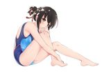  1girl bangs black_hair blue_swimsuit blush breasts brown_eyes closed_mouth competition_swimsuit dust_(394652411) from_side full_body hair_ribbon hand_on_own_knee highres kimi_no_na_wa knees_up looking_at_viewer medium_breasts miyamizu_mitsuha one-piece_swimsuit ponytail red_ribbon ribbon short_hair sidelocks simple_background sitting solo swimsuit thighs white_background 