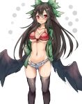  1girl 3: amagi_(amagi626) bikini_top black_hair black_legwear black_wings blush bow breasts circle collarbone commentary_request denim denim_shorts feet_out_of_frame green_bow green_jacket grey_shorts groin hair_between_eyes hair_bow hand_in_pocket highres hood hooded_jacket jacket large_breasts long_hair long_sleeves looking_at_viewer low_wings navel red_bikini_top red_eyes reiuji_utsuho short_shorts shorts simple_background skindentation sleeves_past_fingers sleeves_past_wrists solo standing stomach thigh-highs thighs touhou under_boob very_long_hair white_background wings 
