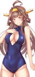  1girl ahoge blue_swimsuit brown_hair cleavage_cutout covered_navel cowboy_shot double_bun front_zipper_swimsuit headgear kantai_collection kongou_(kantai_collection) long_hair looking_at_viewer one-piece_swimsuit parted_lips solo standing swimsuit untsue violet_eyes zipper 