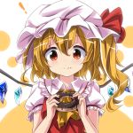  ! 1girl ascot bangs blush chocolate closed_mouth crystal demon_wings doughnut eating eyebrows_visible_through_hair flandre_scarlet food food_on_face frilled_shirt_collar frilled_sleeves frills hair_between_eyes hat hat_ribbon holding holding_food icing long_hair looking_at_viewer mob_cap puffy_short_sleeves puffy_sleeves red_eyes red_ribbon red_vest ribbon ryogo sanpaku shirt short_sleeves side_ponytail solo sweets tareme touhou two-tone_background upper_body vest wavy_hair white_hat white_shirt wings yellow_ascot 