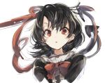  1girl asymmetrical_wings bangs black_hair bow bowtie hisona_(suaritesumi) houjuu_nue looking_at_viewer parted_lips red_bow red_bowtie red_eyes solo touhou upper_body wings 
