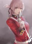  absurdres belt braid breasts fate/grand_order fate_(series) finger_on_trigger florence_nightingale_(fate/grand_order) gloves grey_hair hand_on_hip hand_up highres ichinosenen large_breasts military military_uniform parted_lips uniform upper_body violet_eyes white_gloves 
