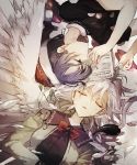  2girls blue_eyes blue_hair bow bowtie closed_eyes doremy_sweet dream_soul dress feathered_wings feathers hat hisona_(suaritesumi) jacket kishin_sagume multiple_girls nightcap open_clothes open_jacket pom_pom_(clothes) purple_dress short_hair silver_hair single_wing sleeping smile tail tapir_tail touhou upside-down white_wings wings 