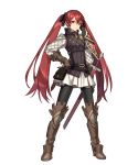  1girl belt black_legwear black_ribbon boots breasts brown_boots brown_shirt collar collared_shirt fire_emblem fire_emblem_heroes fire_emblem_if hair_ribbon hand_on_hip highres knee_boots long_hair luna_(fire_emblem_if) mercenary_(fire_emblem) multiple_belts official_art pantyhose pauldrons red_eyes redhead ribbon shirt single_pauldron skirt small_breasts solo sword transparent_background tsundere twintails undershirt very_long_hair weapon white_skirt zaza_(x-can01) 
