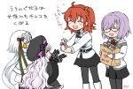  ahoge bag bell belt blush capelet comic commentary_request fate/extra fate/grand_order fate_(series) fujimaru_ritsuka_(female) fur_trim gilgamesh hair_over_one_eye hair_ribbon headpiece jeanne_alter jeanne_alter_(santa_lily)_(fate) kamisuiren long_hair multiple_girls necktie nursery_rhyme_(fate/extra) open_mouth orange_hair pantyhose paper_bag purple_hair ribbon ruler_(fate/apocrypha) shielder_(fate/grand_order) short_hair side_ponytail skirt smile translation_request valentine violet_eyes white_hair 