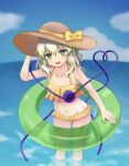  1girl :d arm_up bangs bare_shoulders bikini blush bow breasts clouds collarbone commentary day eyeball eyebrows_behind_hair frilled_bikini frills green_eyes groin hair_between_eyes hand_on_headwear hat hat_ribbon heart heart_of_string innertube komeiji_koishi light_green_hair looking_at_viewer medium_hair navel open_mouth outdoors ribbon small_breasts smile solo standing sun_hat swimsuit third_eye touhou wading wavy_hair yellow_bikini yellow_headwear yellow_ribbon ys_kosato 