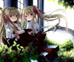  2girls backlighting bangs black_shoes blonde_hair blouse blurry blush brown_skirt bush closed_mouth depth_of_field eyebrows_visible_through_hair floating_hair frills hair_between_eyes holding long_hair looking_at_viewer multiple_girls nanase_nao original outdoors parted_lips pink_eyes plant ponytail shoes siblings skirt twins twintails two_side_up very_long_hair white_blouse window 