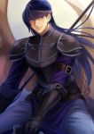  1boy armor blue_eyes blue_hair dragon fire_emblem fire_emblem:_fuuin_no_tsurugi gale gloves headband long_hair lotter75 male_focus polearm solo spear weapon wings 