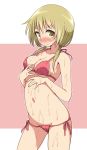  &gt;:( 1girl bangs beige_background bikini blonde_hair blush breasts cleavage closed_mouth collarbone eyebrows_visible_through_hair frown full-face_blush hand_on_own_stomach highres ichii_yui long_hair looking_at_viewer lotion low_twintails mel_(melty_pot) navel red_bikini side-tie_bikini simple_background solo swimsuit tareme thighs twintails two-tone_background wavy_mouth white_background yellow_eyes yuyushiki 