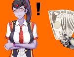  ! 1girl blush bracelet breasts earrings fistful_of_yen highres jewelry long_hair medium_breasts meme moegirlstudio money orange_background overwatch purple_hair purple_skirt simple_background skirt solo visor widowmaker_(overwatch) yellow_eyes zenyatta_(overwatch) 