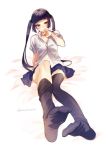  1girl bangs black_hair black_legwear blunt_bangs blush brown_eyes feet kneehighs kokuhaku_jikkou_iinkai long_hair no_shoes pleated_skirt school_uniform sitting skirt socks soles solo takizawa_arisa twintails twitter_username unbuttoned unbuttoned_shirt yamako_(state_of_children) 