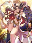  1girl :d arms_up asymmetrical_clothes asymmetrical_legwear asymmetrical_sleeves baby-doll bow earrings fate/grand_order fate_(series) gluteal_fold hair hair_bow highres hoop_earrings ishtar_(fate/grand_order) jewelry long long_hair navel open_mouth red_eyes single_thighhigh smile solo thigh-highs tohsaka_rin toosaka_rin twintails 