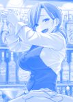  1girl :d bar bartender blue blush bottle breasts buttons ceiling_light character_request commentary_request cup drinking_glass eye_contact eyebrows_visible_through_hair getsuyoubi_no_tawawa hair_ornament hairclip himura_kiseki indoors large_breasts light long_hair long_sleeves looking_at_another looking_at_viewer low_ponytail monochrome motion_lines open_mouth original pov raised_eyebrows sexually_suggestive shaking shelf shirt sleeve_cuffs smile solo_focus sparkle sweat sweatdrop tareme vest 