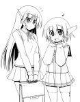  2girls :/ :d android blush closed_mouth collared_shirt cowboy_shot eyebrows_visible_through_hair greyscale hair_between_eyes head_tilt holding long_hair long_sleeves looking_at_another miyake_taishi monochrome multi multiple_girls musical_note neck_ribbon open_mouth pleated_skirt quaver ribbon robot_ears school_briefcase school_uniform serafuku serio shirt skirt sleeves_past_wrists smile sweatdrop sweater_vest thigh-highs to_heart v_arms very_long_hair wing_collar zettai_ryouiki 