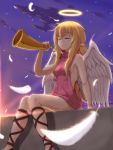  1girl angel blonde_hair blurry blush breasts closed_eyes closed_mouth clouds depth_of_field eyebrows_visible_through_hair feathers gabriel_dropout hair_between_eyes halo highres horn horn_(instrument) kannazuki_kenji knees_together_feet_apart long_hair outdoors pink_sweater sitting small_breasts smile solo sunset sweater tenma_gabriel_white turtleneck turtleneck_sweater very_long_hair virgin_killer_sweater white_wings wings 