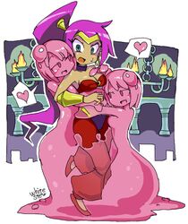  3girls breasts cleavage girl_sandwich goo_girl heart hug midriff monster_girl multiple_girls navel pointy_ears ponytail purple_hair sandwiched shantae:_half-genie_hero shantae_(character) shantae_(series) slime slimegal_(shantae) spoken_heart stomach sweatdrop white-stew you_gonna_get_raped yuri 